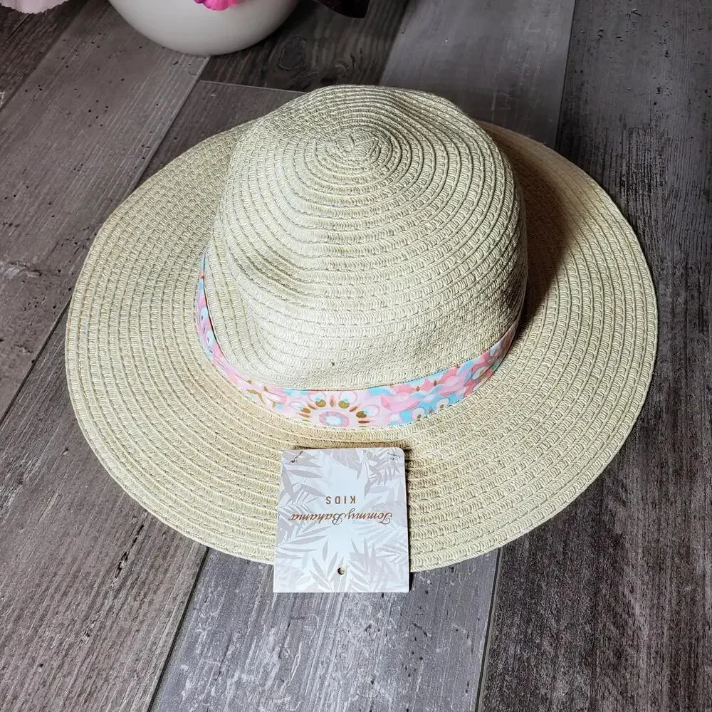 NWT Tommy Bahama Kids Girls Straw Hat with Blue & Pink Metallic Bow